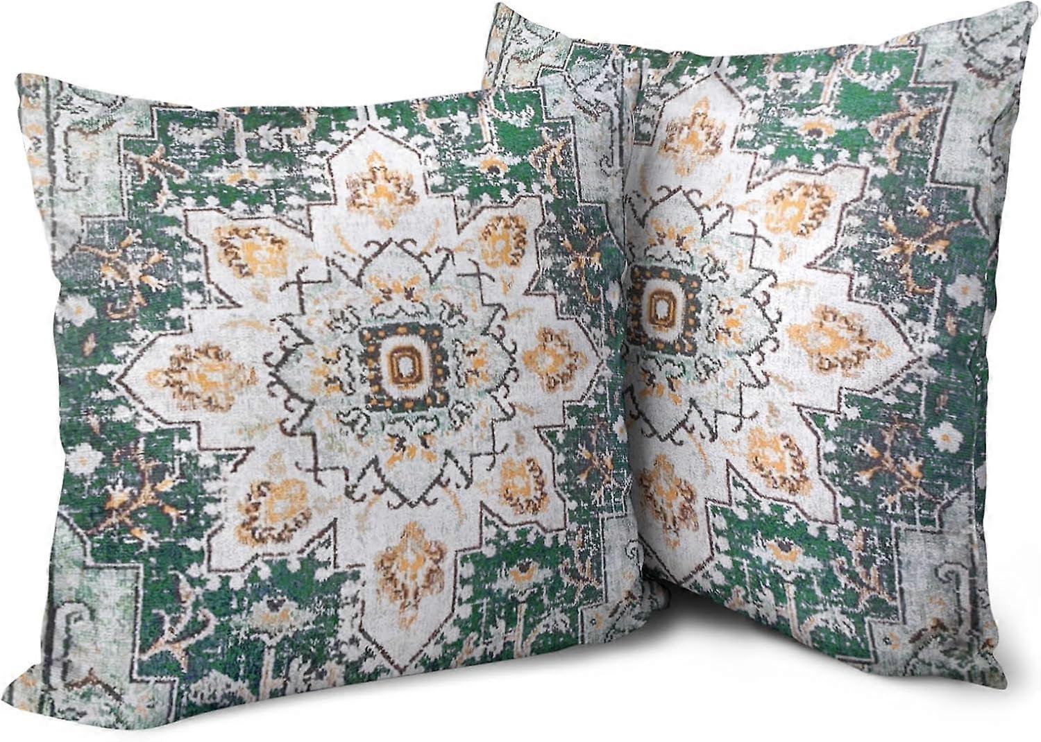 Boho Green Throw Pillow Covers 16x16 inch Set of 2, Bohemian Carpet Double Sided Pattern Soft Plush Cushion Cover for Couch Sofa Bed Decorative, Only