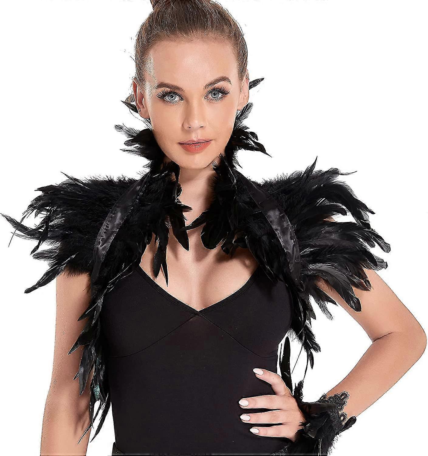 ゴシックブラックオンドリプルーム肩をすくめるショルダーピースラップ女性のためのマレフィセントハロウィーンコスチューム7362970601551