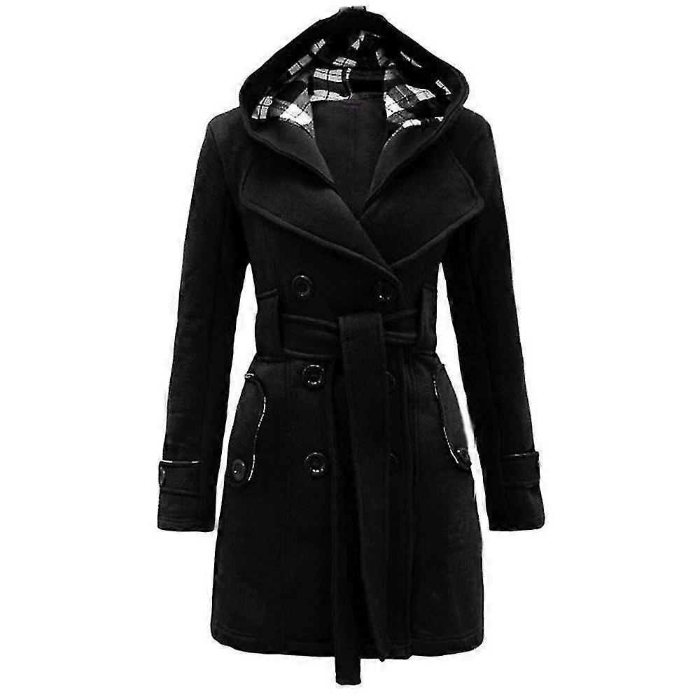 Hoodie feminino Casaco de ervilha duplo de peito duplo feltro longo com cinto de cintura