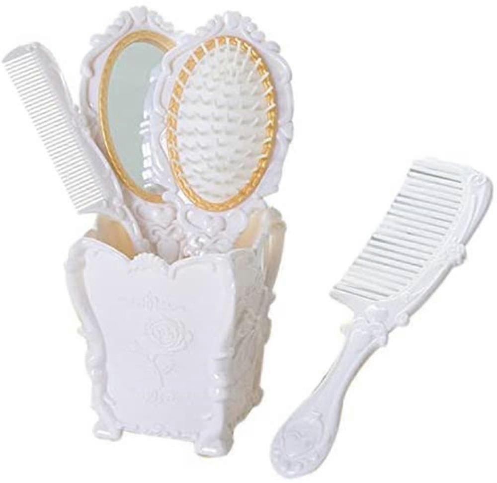 4 Pieces Ladies Retro Comb Set With Embossed Handheld Mirror(white)