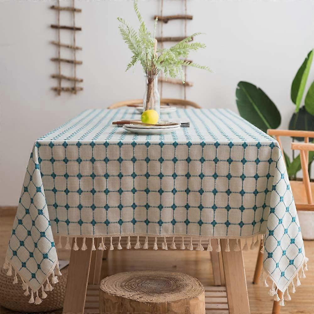 Rectangular Table with Tassels Cotton Linen Tablecloth Heavy Burlap Tablecloth for Kitchen Table Decoration (Light Blue, 55" x 70")