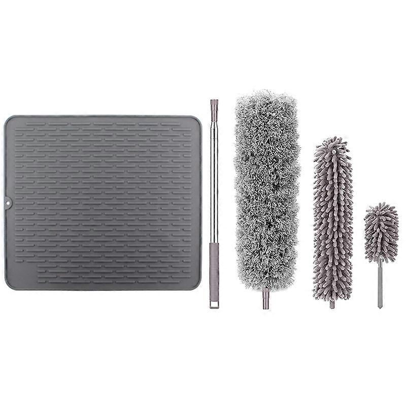 1 Pcs Large Silicone Placemat Dish Drying Mat & 1 Set Microfiber Duster,Duster Cleaning Kit With Extension Pole