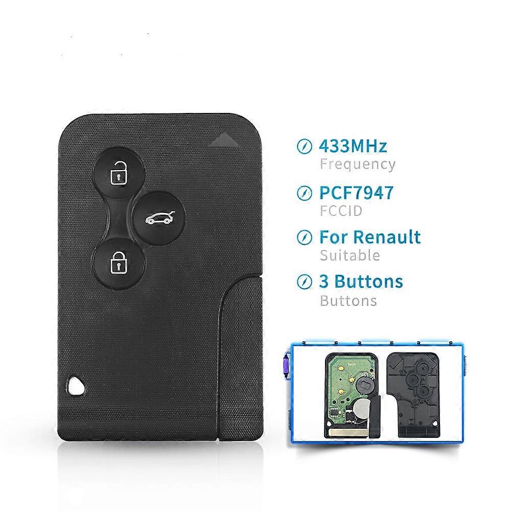 ID46 PCF7947 Chip For Renault Clio Logan Megane 2 3 Scenic Remote Key 3 Buttons 433Mhz Smart Card Emergency Insert