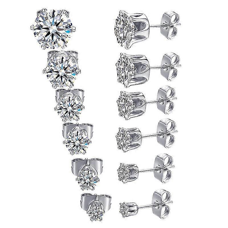 Boucles d'oreilles en acier inoxydable avec zircone cubique, 6 paires