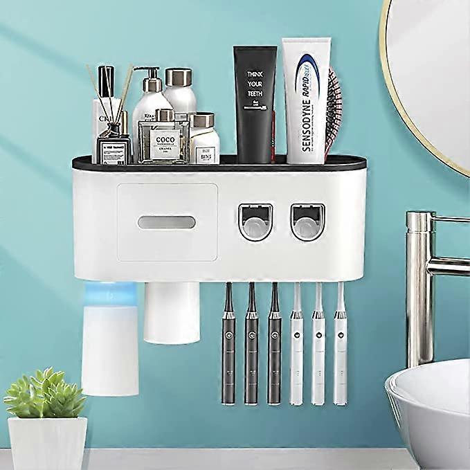 Automatic Toothpaste Dispenser, BHeadCat Toothbrush Holder with Toothpaste Squeezer Kit Wall Mounted Multifunctional Bathroom Organizer, 2 Magnetic Cu