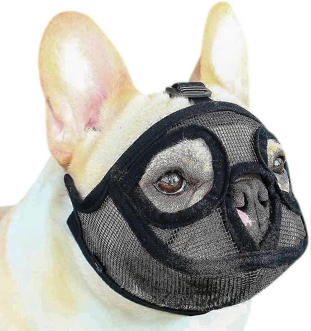 Mesh Dog Muzzle Short Snout Dog Muzzle Dog Muzzle Adjustable Breathable Mesh Muzzle Bulldog Muzzle For Biting Chewing Barking Dog Mask, Black, S
