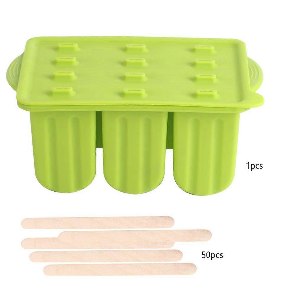 12-Grids Food Grade Silicone Ice Cream Mold Maker Making Tool with Cover and Ice Cream Sticks,Green