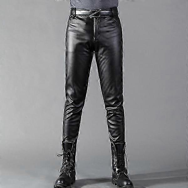 Herr Stretch Läder Byxor Slim Fit Trend Tighta Casual Byxor För Män PU Läder Byxor Motorcykel Byxor
