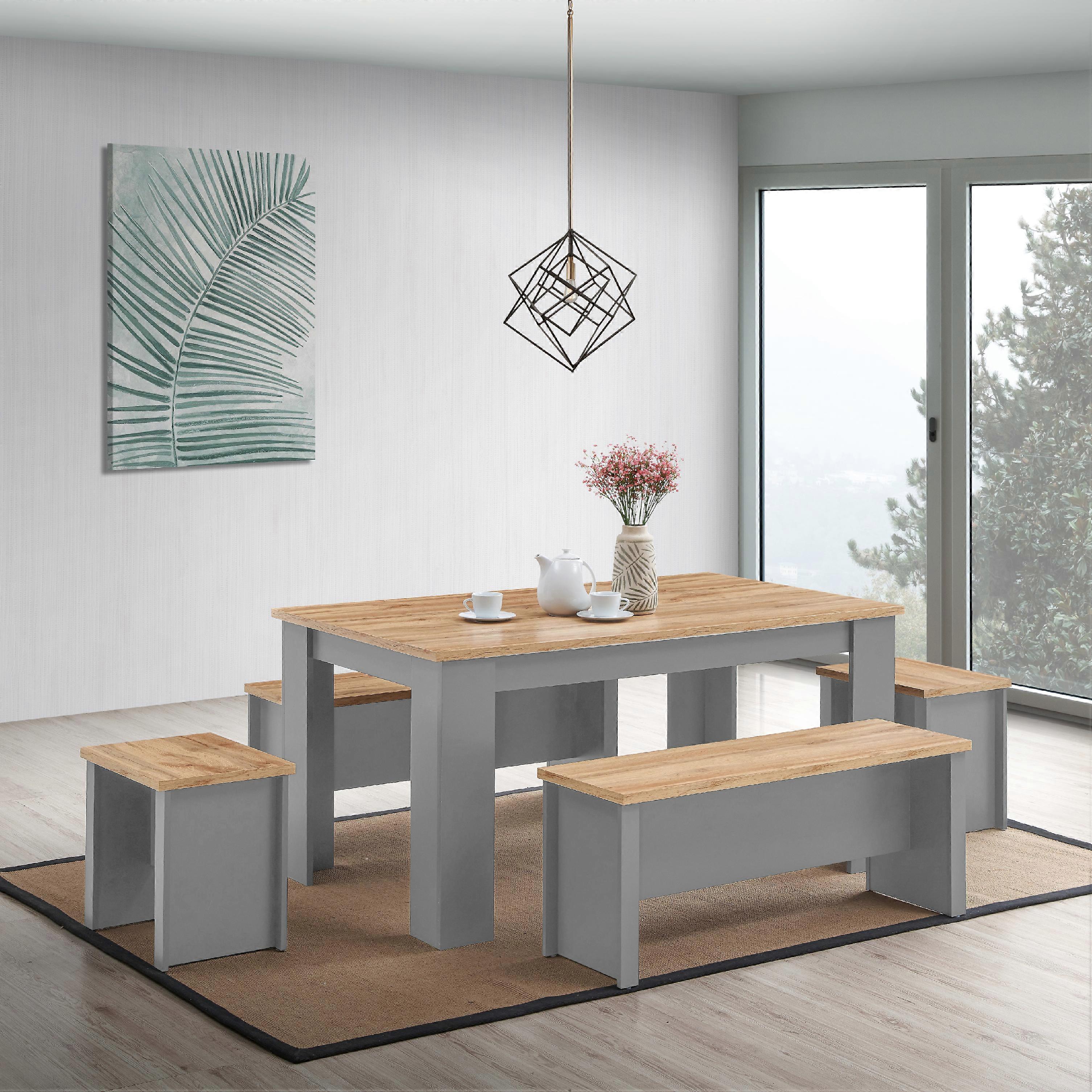 Dining Table with 2 Benches – Light Grey Wooden Table & Bench Set – 150cm Table
