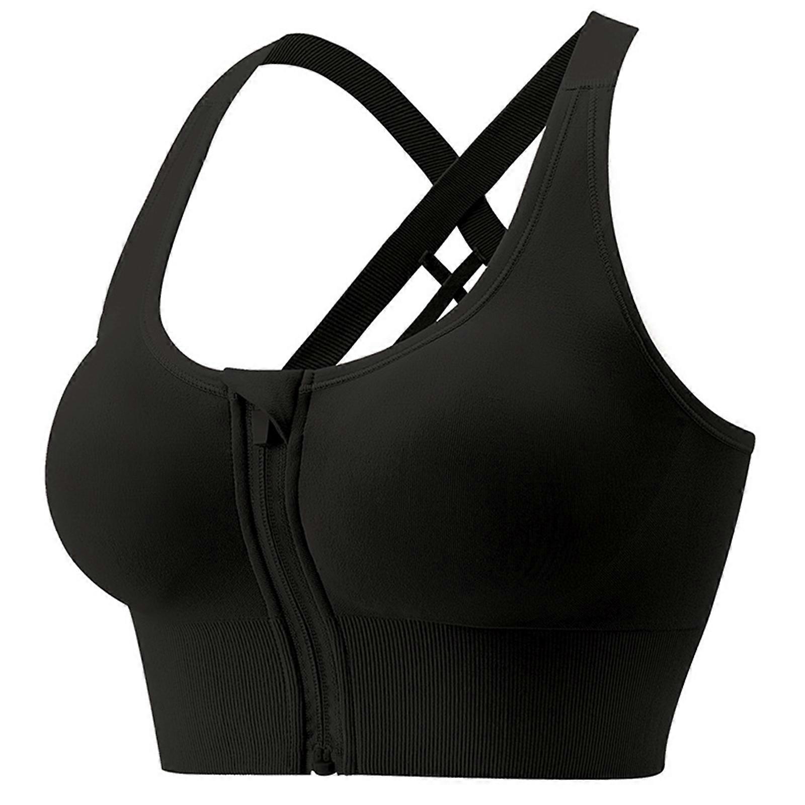 Women Front Zipper Bra Solid Color Underwear Comfort Breathing Gathered Bra Ladies Brassiere Bra Workout Fitness Top  midnight black XL