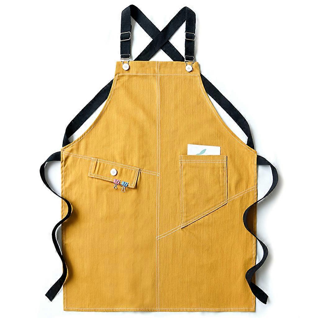 Solid Color Denim Apron with Pocket for Cross Back Adjustable Buckle Kitchen Bib  yellow