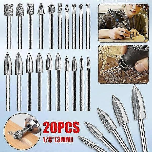 Wood Carving Engraving Drill Bit Set for Dremel - 20 Pieces, HSS Carbide Rotary Burrs, Various Sizes, Compatible with Rotary Tools