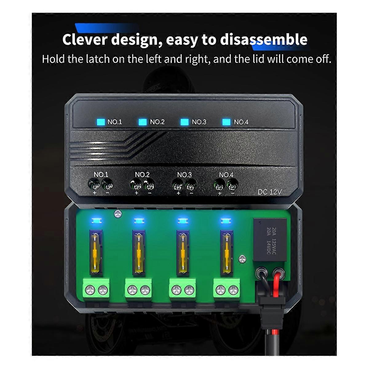 12V Motorcycle Fuse Box 20A Universal Automotive Fuse Block Holder 4 Circuits Protection LED Indicat