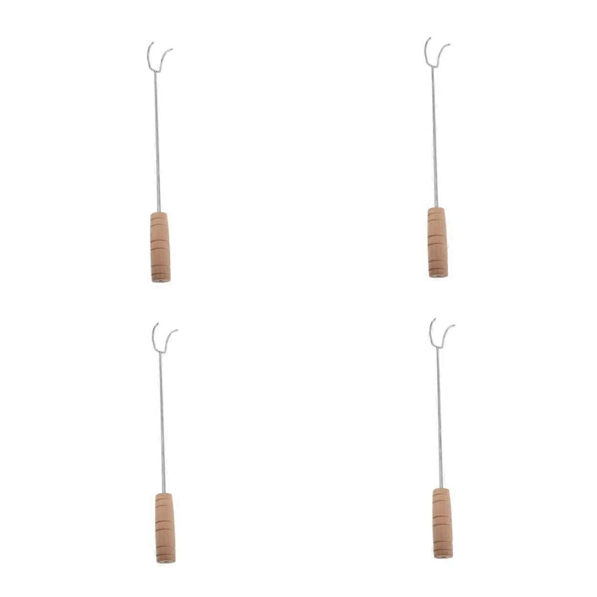 BBQ Double Hooks Stainless Steel With Long Wooden Handle For Turning Pork And Grilling Food Pack Of 4
