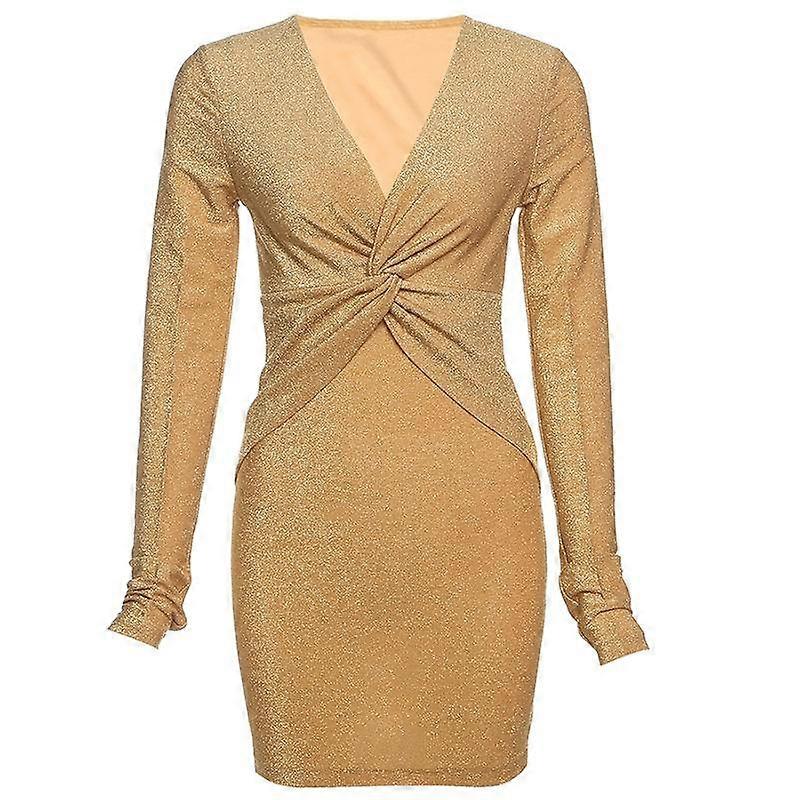 Spring Women's Sexy V-neck Waist Long Sleeve Bag Hip Skirt Solid Color Temperament Dress