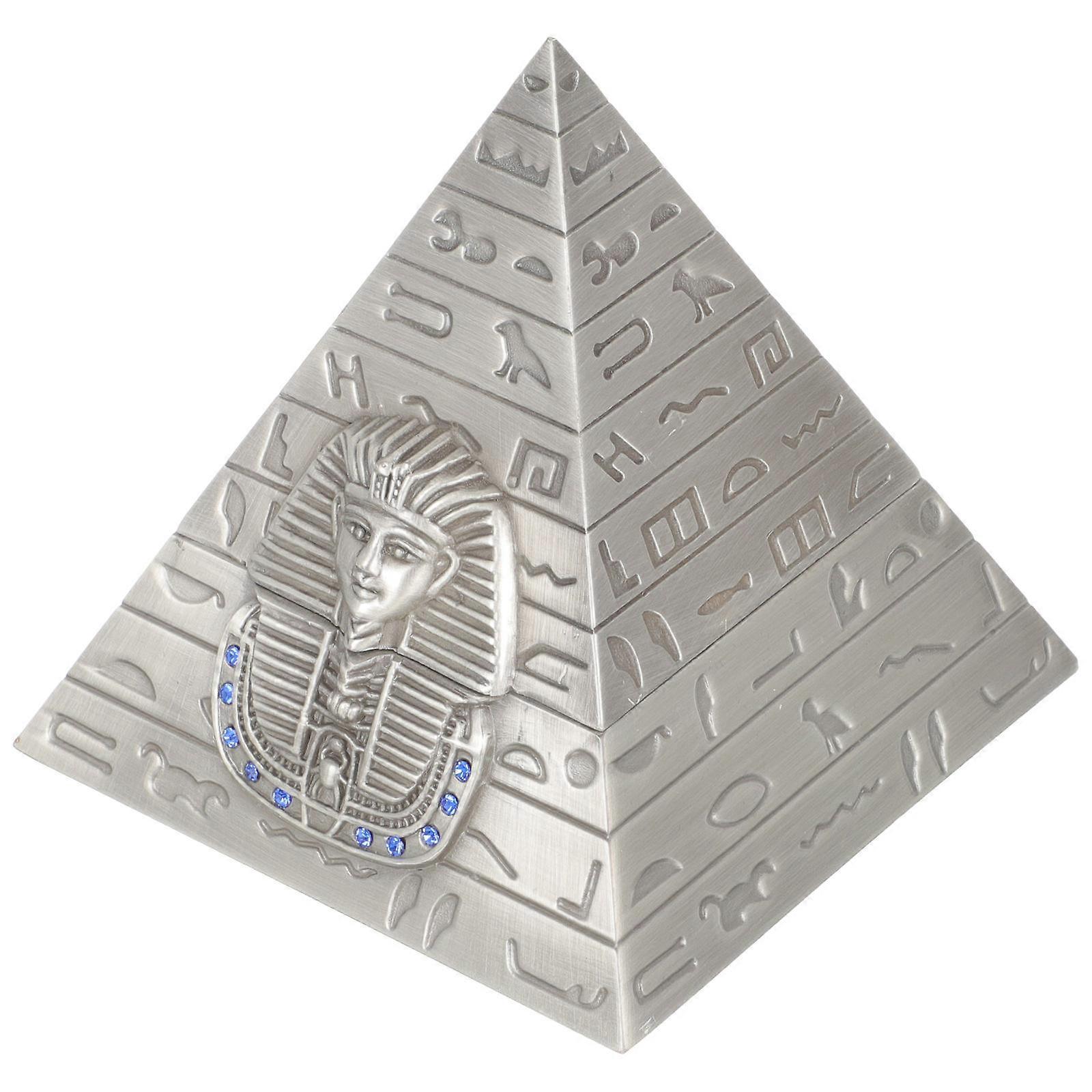 Egyptian Pyramid Jewelry Box with Metal Figurine Retro Desktop Decor Storage Container Delicate Pattern Space Saving Design for Artistic Home