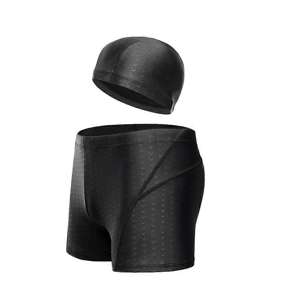 Men Swimming Suits Black Trunks with Hat for Reduce Resistance Function