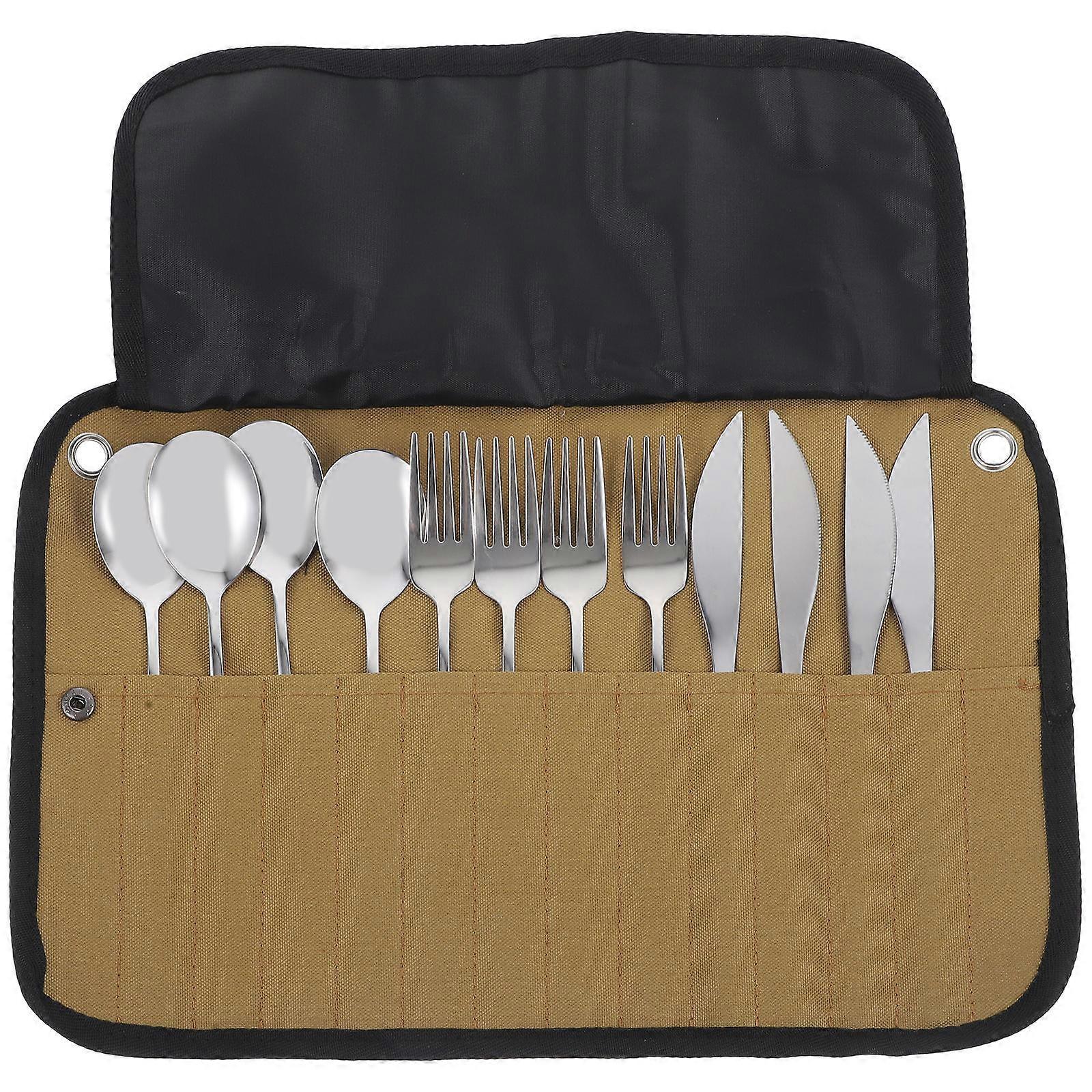 Portable Camping Cutlery Kit Tableware Set Picnic Silver 1Set Storage Organizer