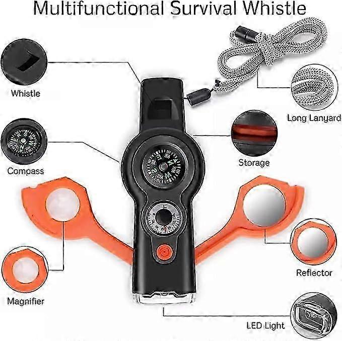 Emergency Survival Whistle 7-in-1 Safety Whistle with Compass Thermometer LED Light Magnifier Reflector Mirror for Outdoor