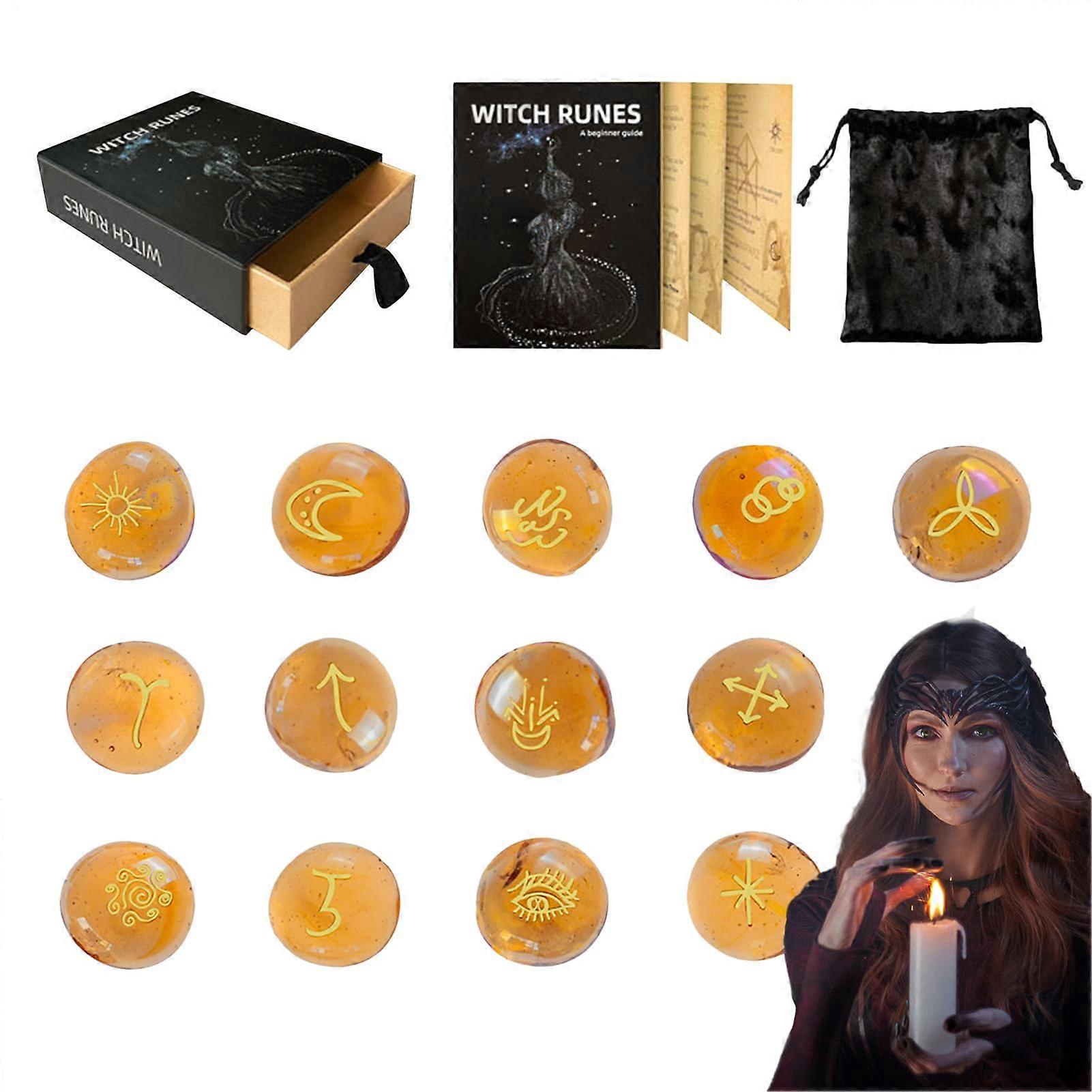 Pierres de divination runiques, accessoires spirituels avec livre d’instructions et pochette pour femmes hommes autel paganisme rituels jaune