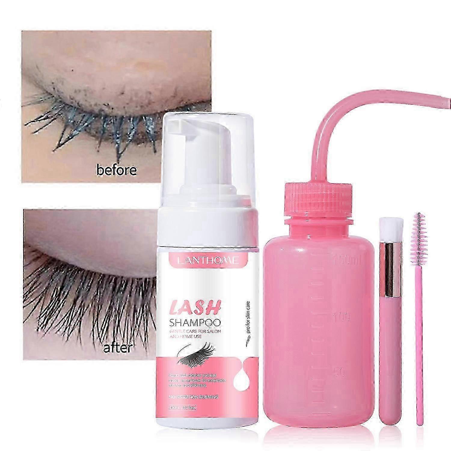 Eyelash Extension Cleanser 100 ml + Brushes + Rinse Bottle Eyelid Foaming Cleanser, Lash Foam Shampoo for Extensions and Natural Lashes, Makeup Remove