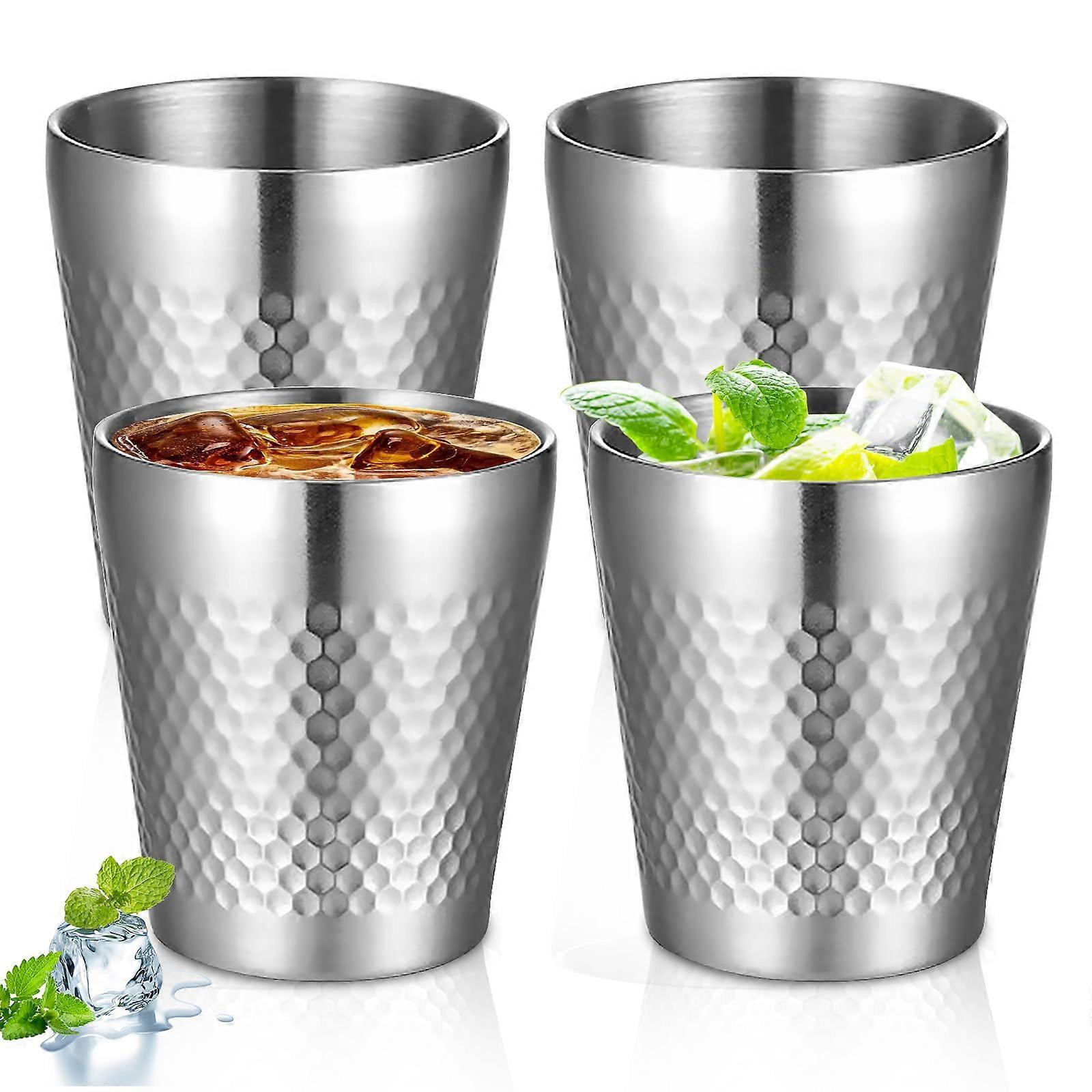 Stainless Steel Cups, 4 Pack, 300 mL, Double-Walled Stackable Camping Cups, Hammer-Pattern, Shatterproof Cups for Beer