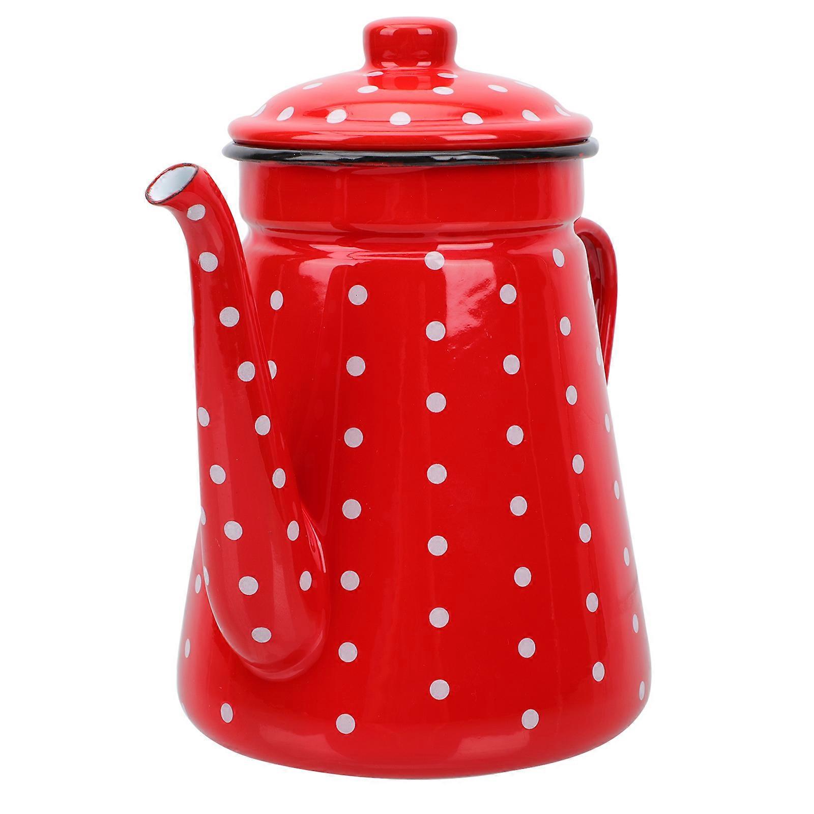 Enamel Coffee Pot Household Storage Kettle Streamlined Spout High Temperature Resistant Teapot for Coffee Tea Lovers Red White Dots Design