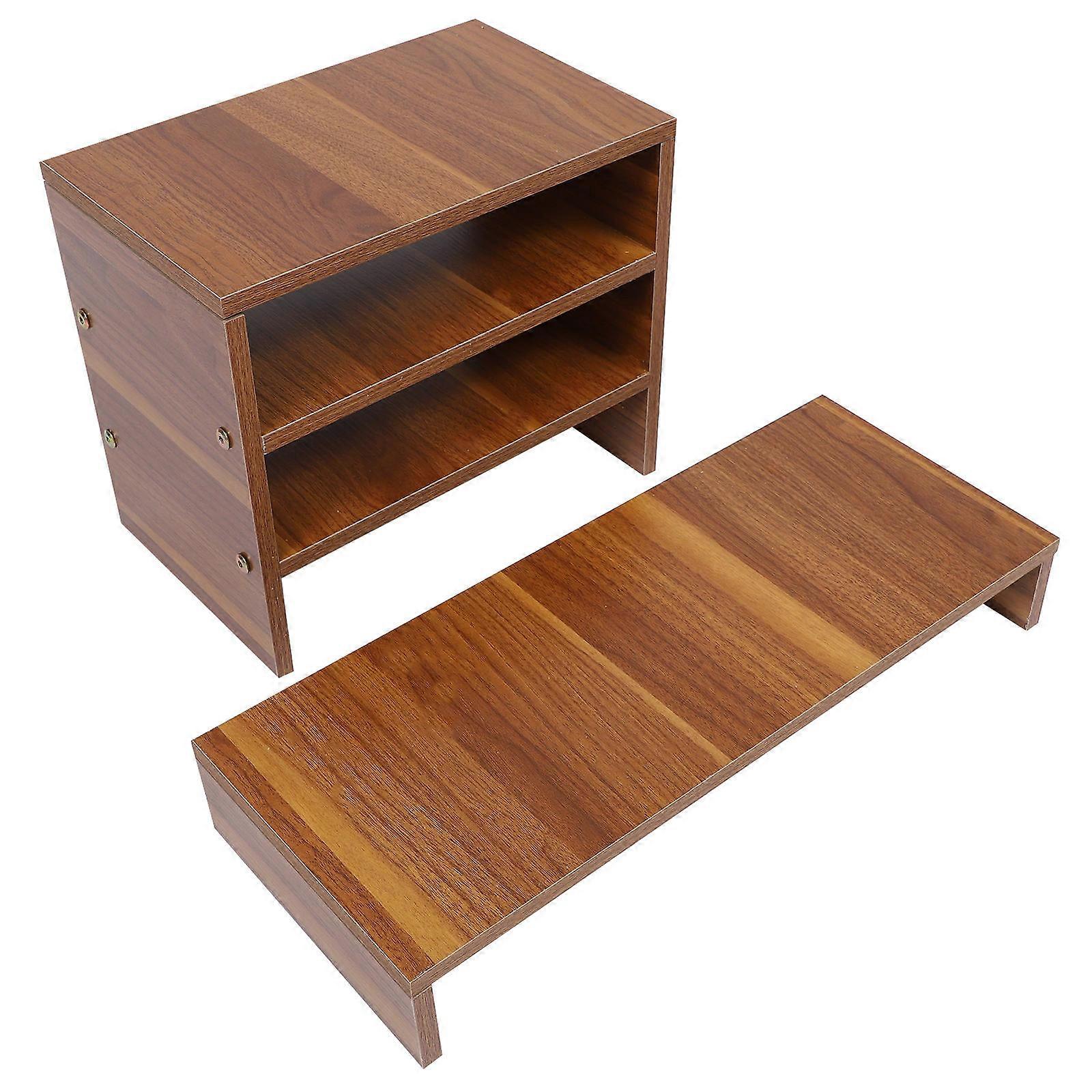 Desktop Multi-Layer Storage Rack Monitor Increased Shelf Ergonomic Support Brown Color Wooden Material 1Set