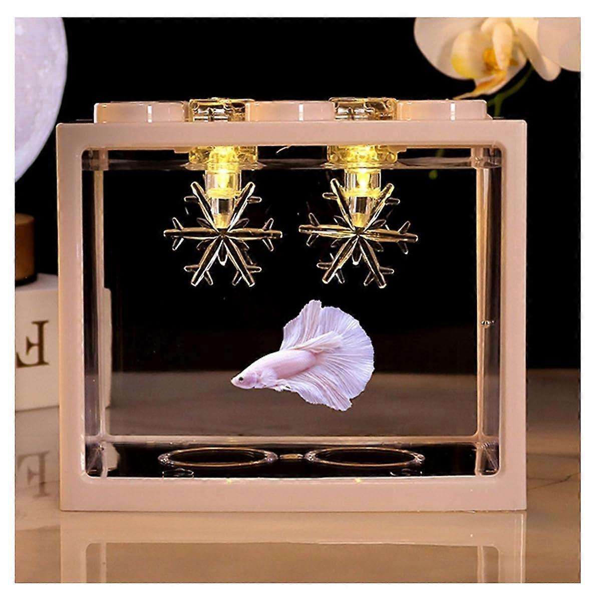Aquarium Starter Set with LED Light, Small White Acrylic Fish Bowl, Ideal for Decor or Betta Fish Tank