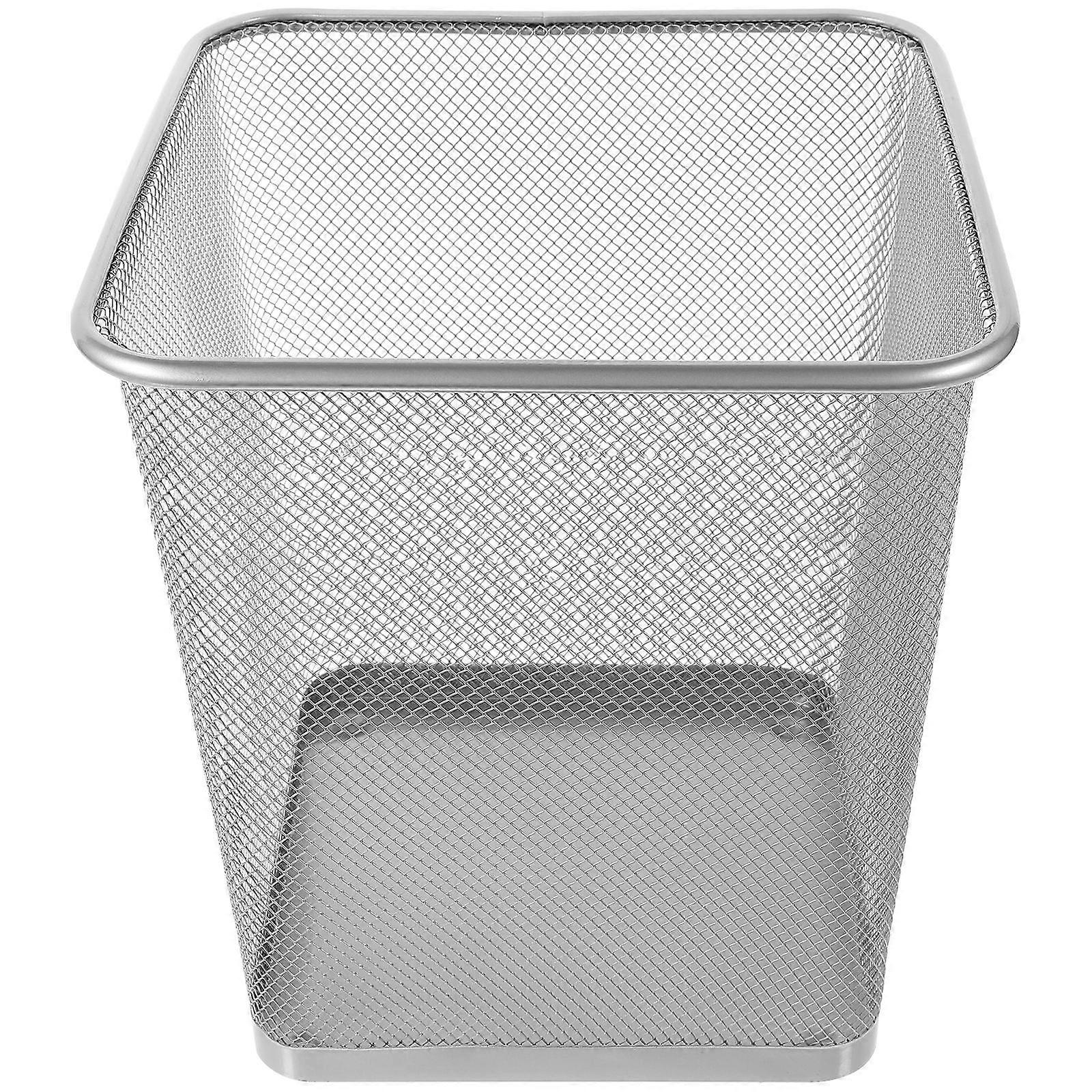 Hollow Iron Framed Trash Can With Mesh Design For Indoor Waste Disposal In Silver 1Pack
