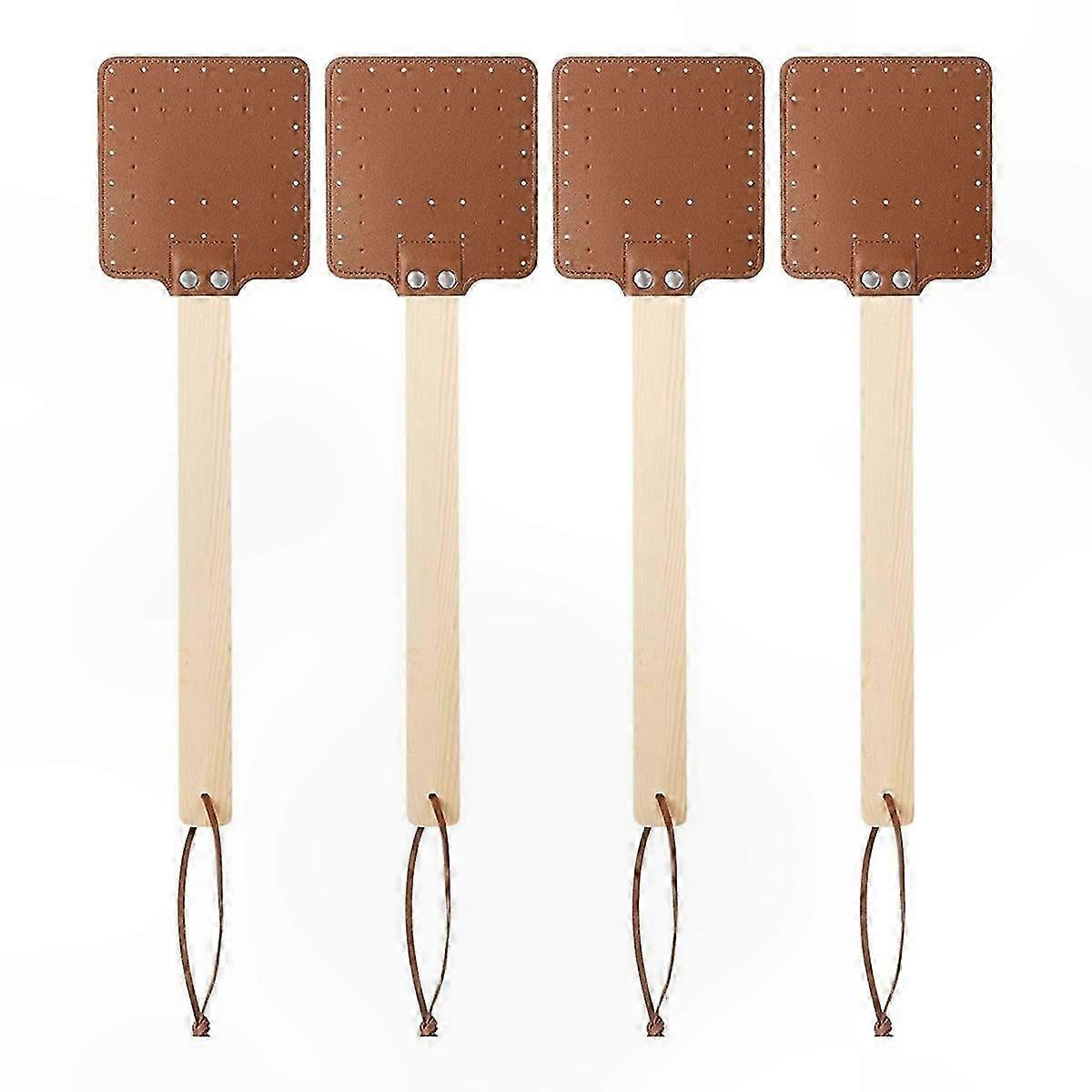 4-Piece Long Handle Fly Swatter Set - 17.3 Inch Wooden Pest Control Tool with Durable Leather Head