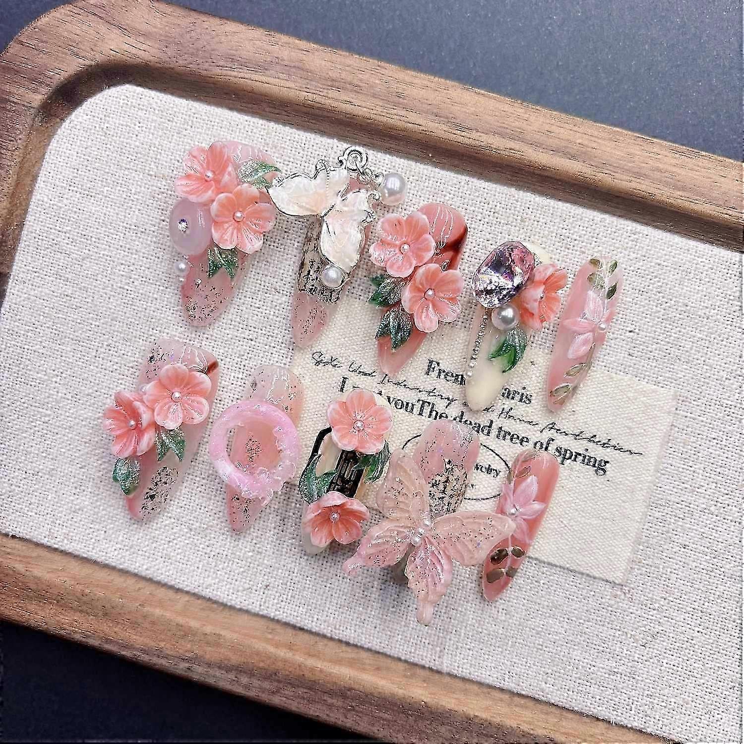 Butterfly Press on Nails Pink 3D Elegant False Nails