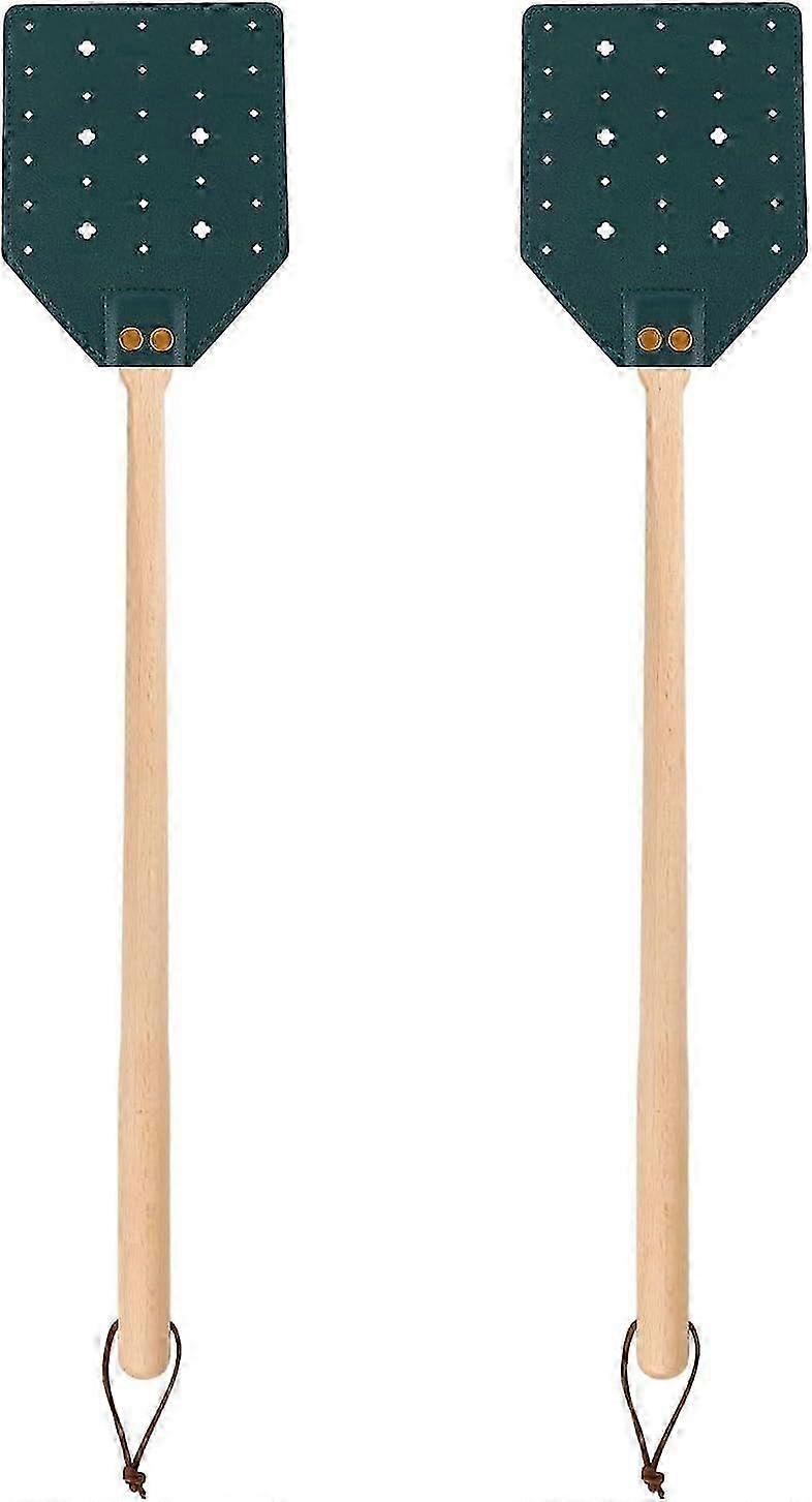 2 عبوة من منشات الذباب الجلدية بمقبض خشبي وحبل (أخضر داكن)