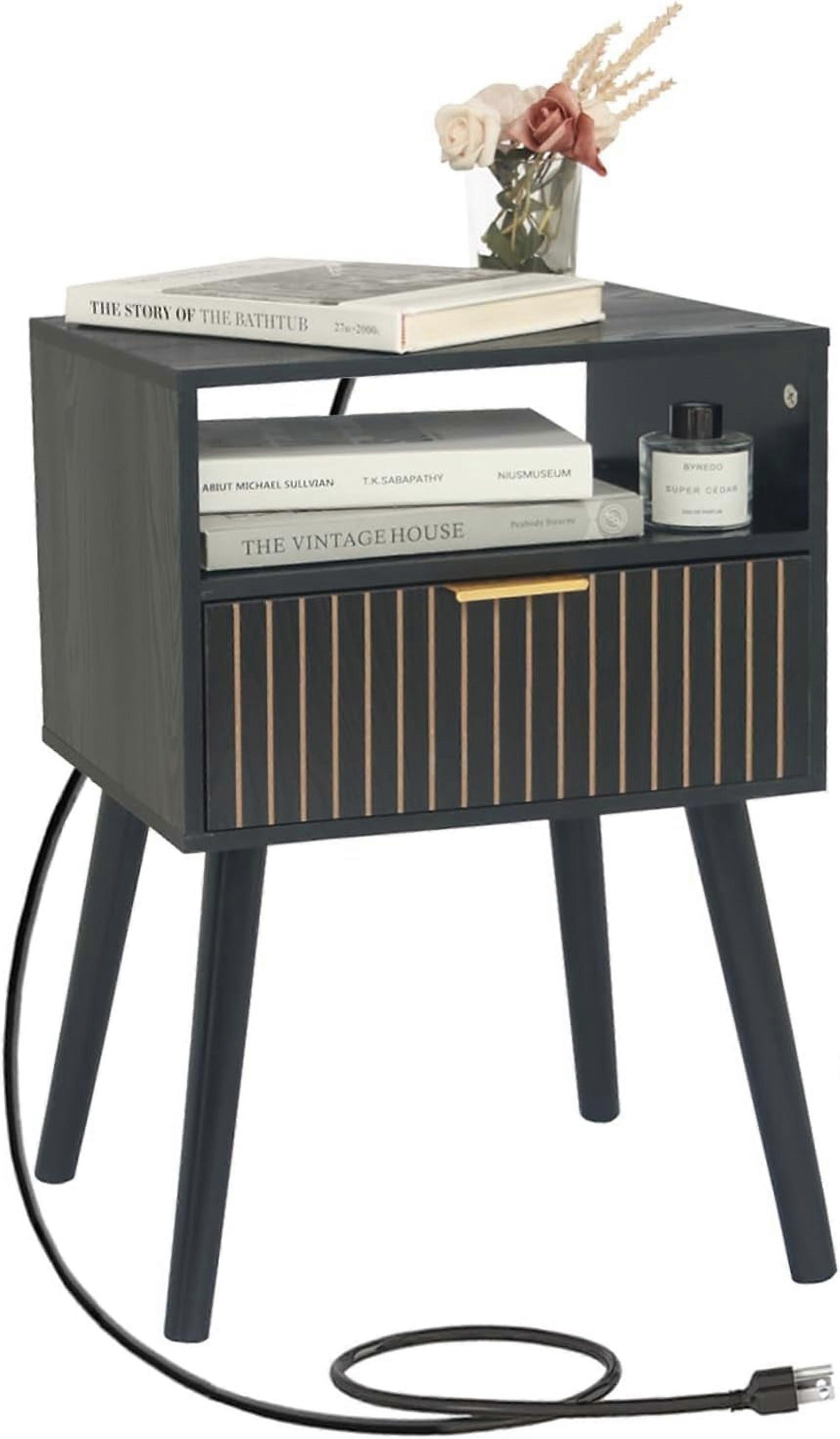 Black Nightstand with Charging Station, Mid Century Modern Bedside Table with Open Shelf and Storage Drawer, End Table with Solid Wood Legs, Black