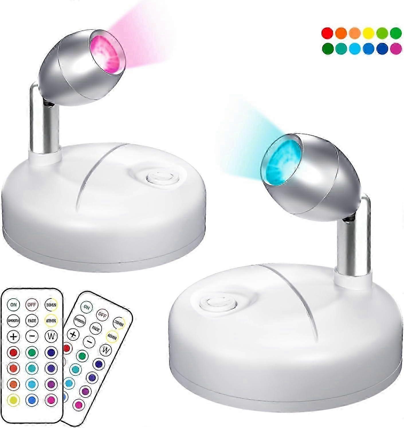 Wireless LED Spot Lightwith Remote Control,2 Pack Mini RGB Dimmer Timer with 13 Light Colors for Cabinet Art Display Party Painting