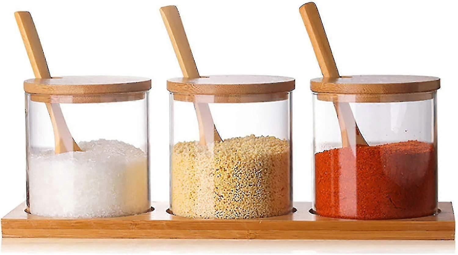 Condiment Container Seasoning Box Set Glass Condiment Canisters Pots With Wooden Spoon Lid And Base