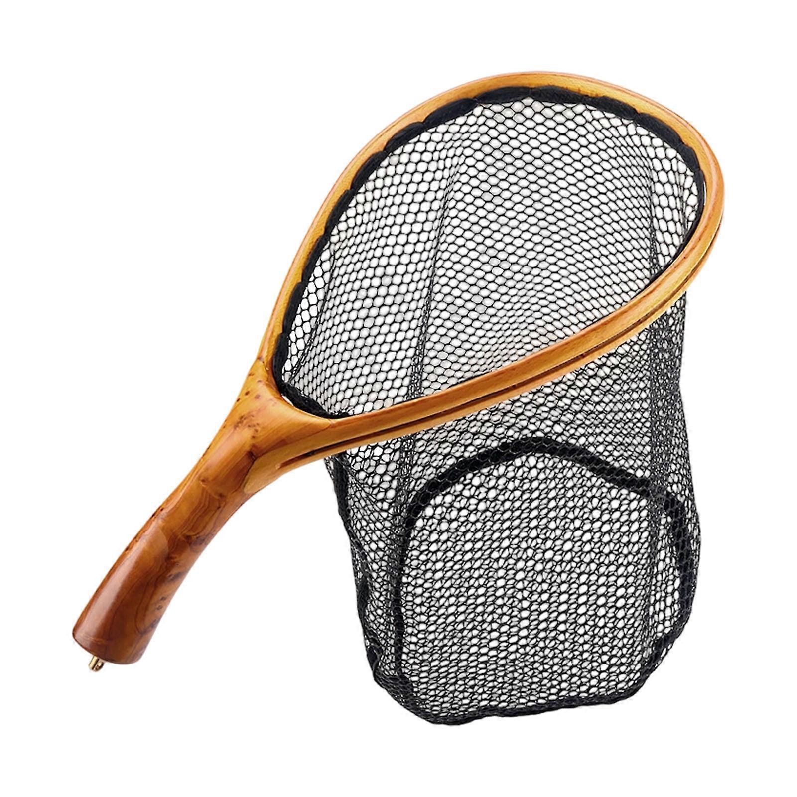 Protective Mesh Design Rubberized Fishing Net Curved Wooden Shafts Compacts Size For Streamside Catching Preservations Multicolor