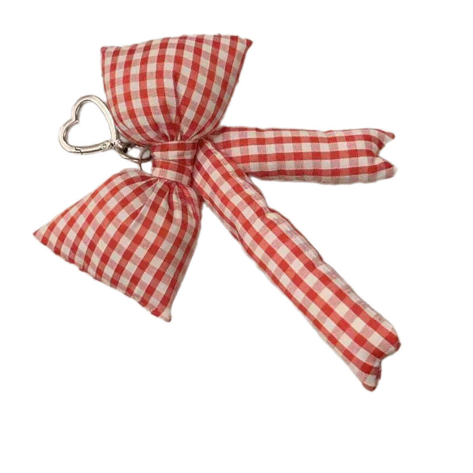 Fashionable Bowknot Bag Hanging Decoration Keychain Soft Textile Ornament Multi Purpose Use Keyring Charm  Red and white grid