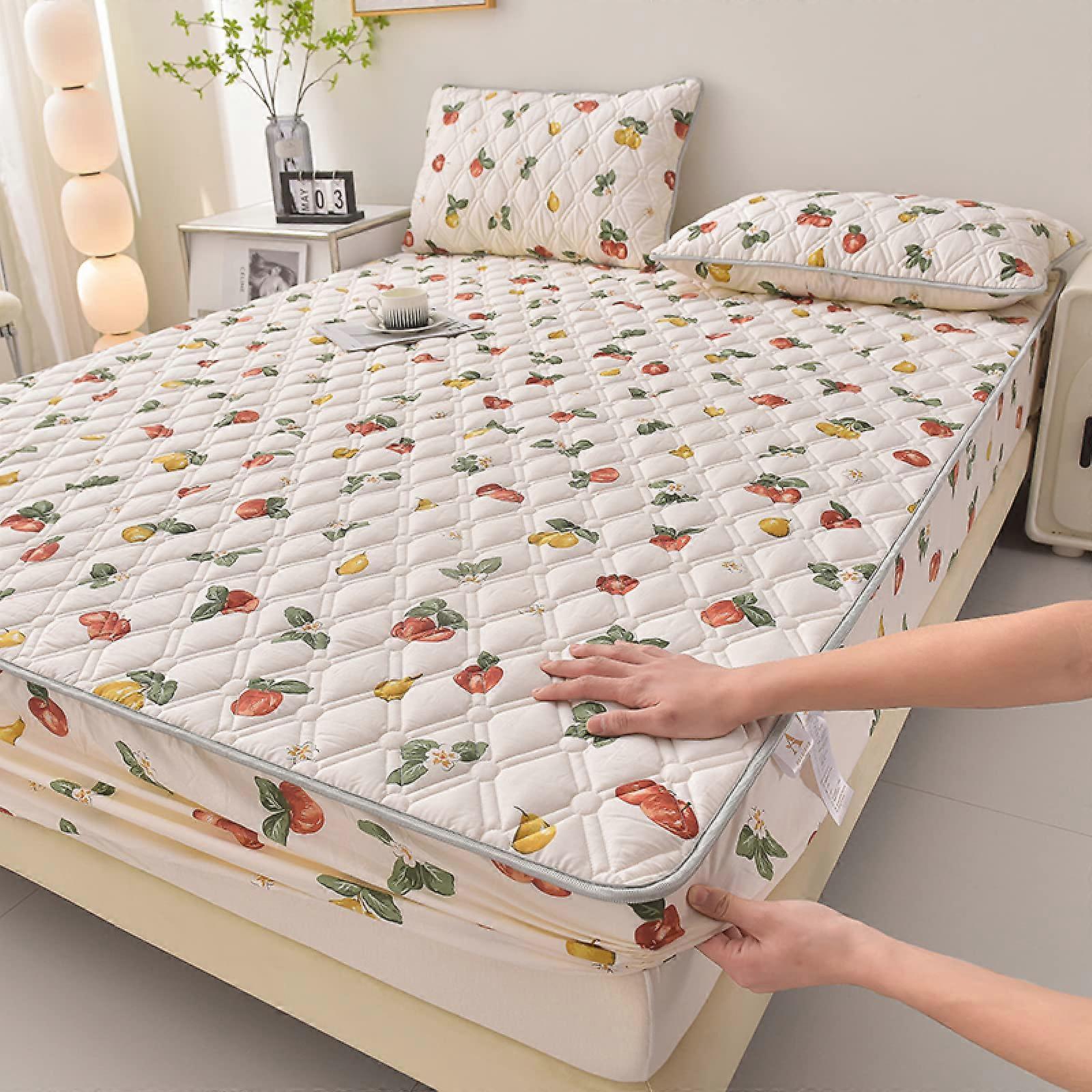 Luxury Bedding Fitted Sheets Small Double 135x200, Thickened Quilted Mattress Topper, Fruit Pattern Kids Bedding