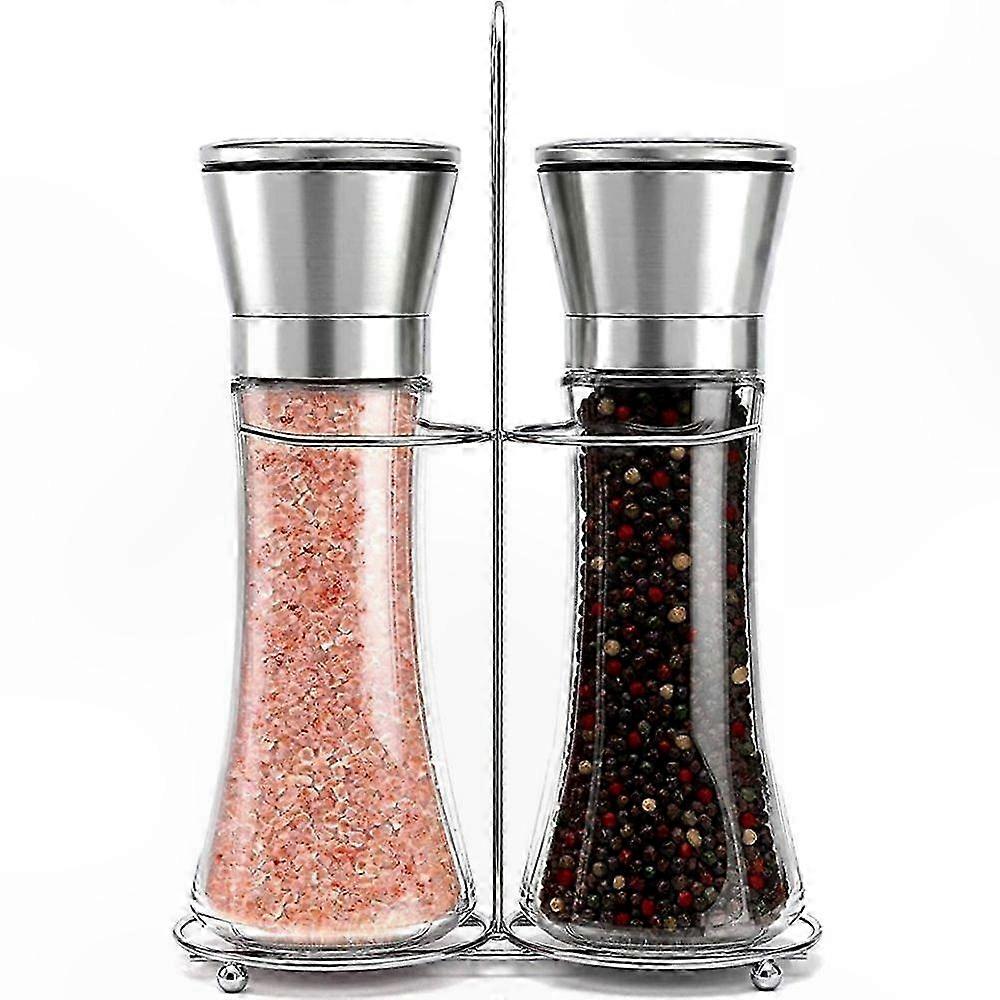 Adjustable Salt and Pepper Mills Set with Stand, Ceramic Grinder for Spices