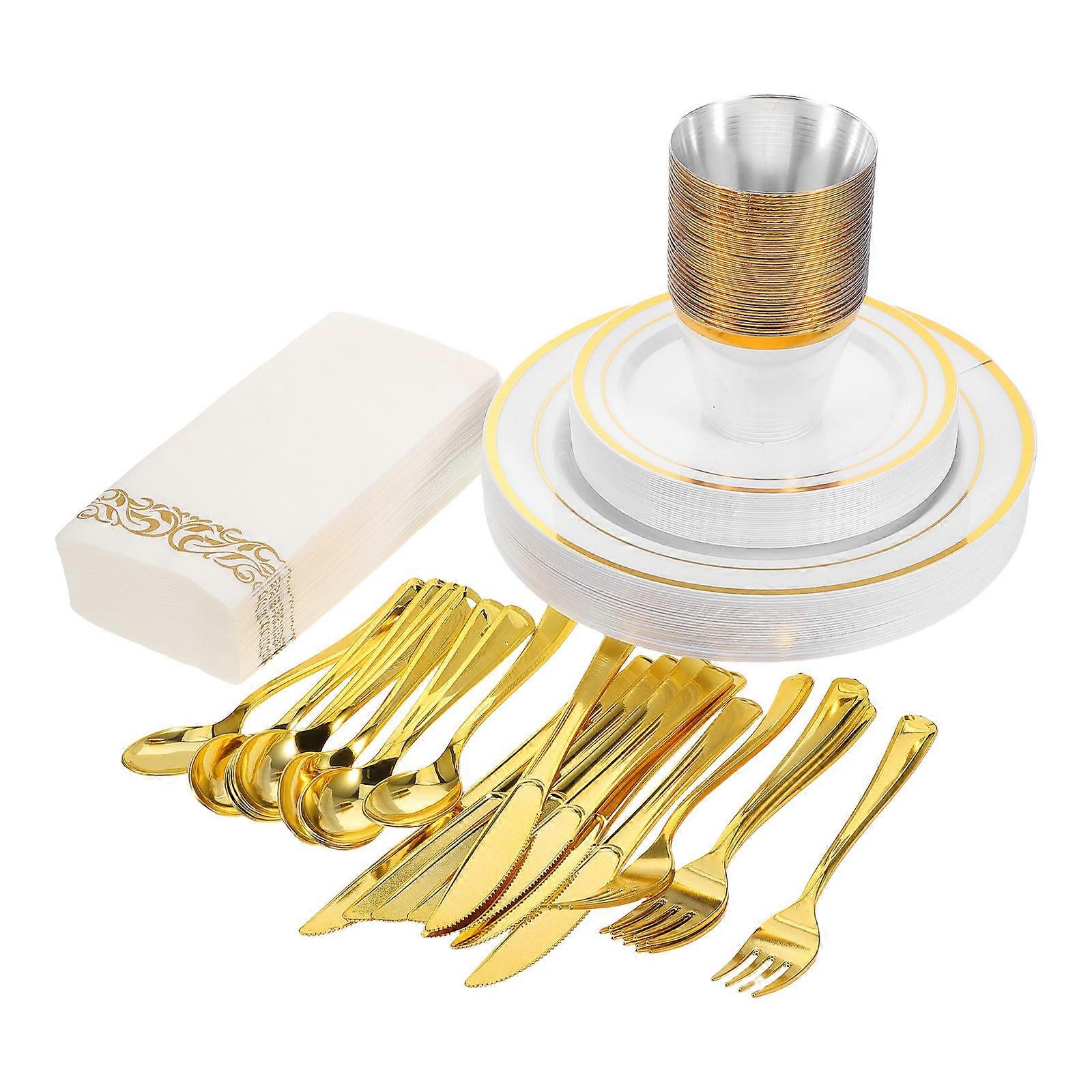 Gold Cutlery Plastic Plates Set for Party Use with 25Sets