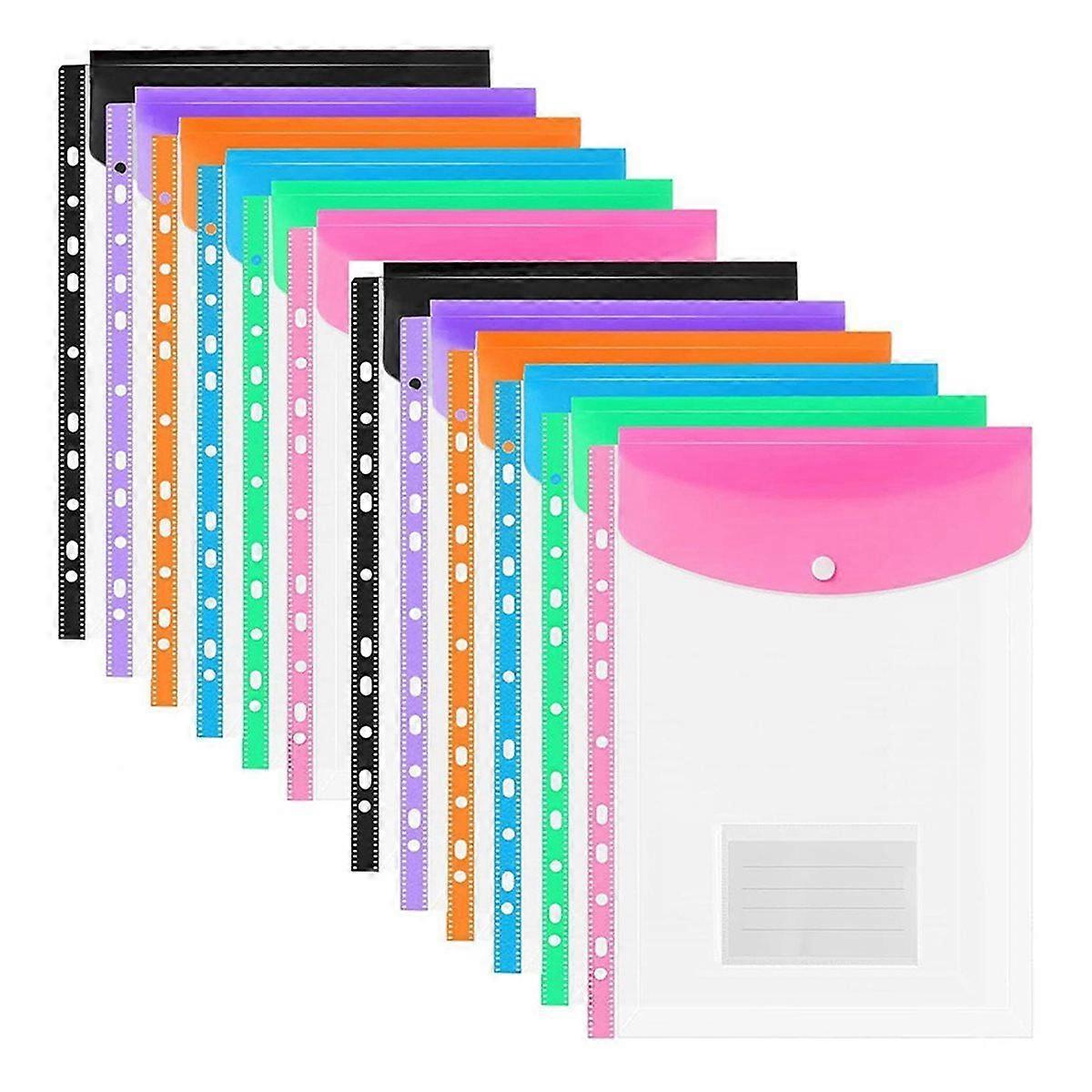 A4 Plastic Wallets, 12 Pack Expandable Document Files with Button for School, Office, Home, Travel