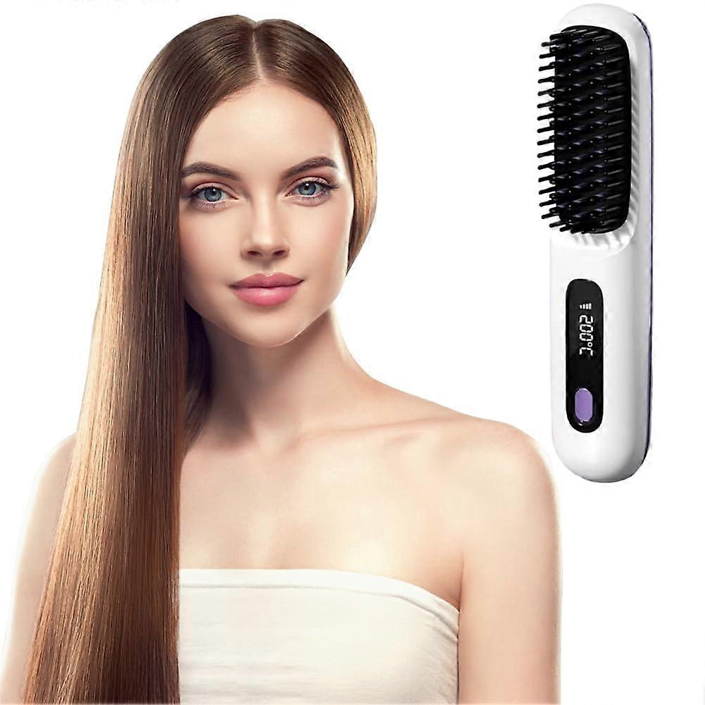 Mini Hair Straightener Brush with Fast HeatUp and Adjustable Temperature Control for Travel White