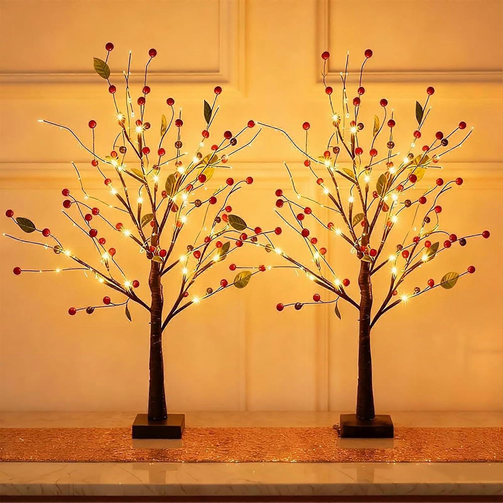 Artificial Christmas Tree with Lights, 21 Inch Red Berry Bonsai Lamp, Set of 2 Tabletop Holiday Decor