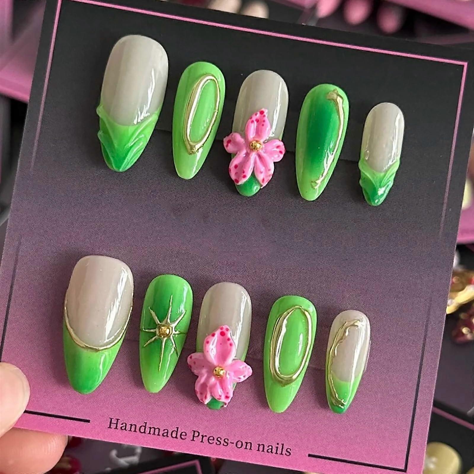 Luxury Medium Almond Press On Nails with Designs, Reusable Durable Acrylic False Nail Set