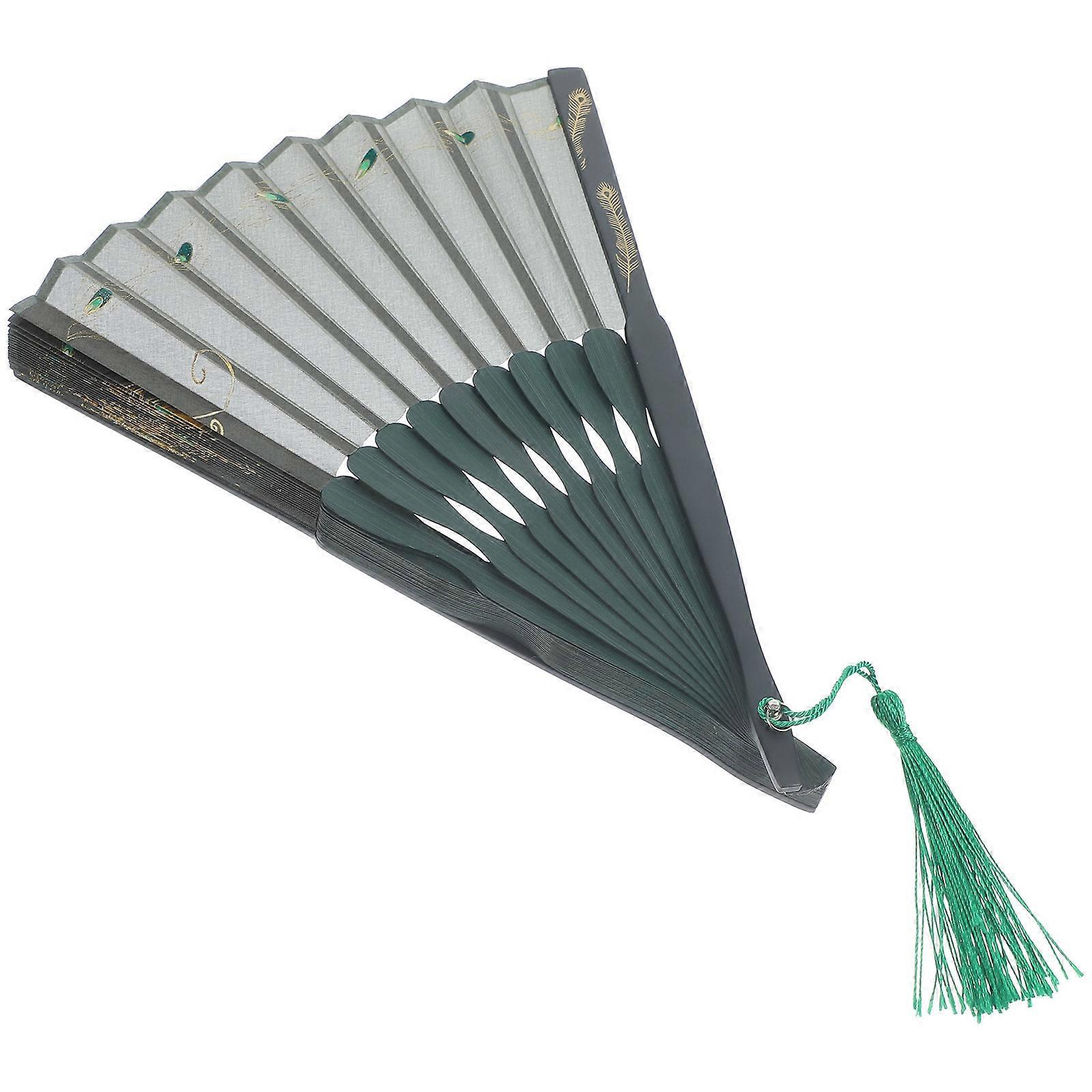 Fabric Peacock Plume Pattern Folding Fan for Performance with Bamboo Handle