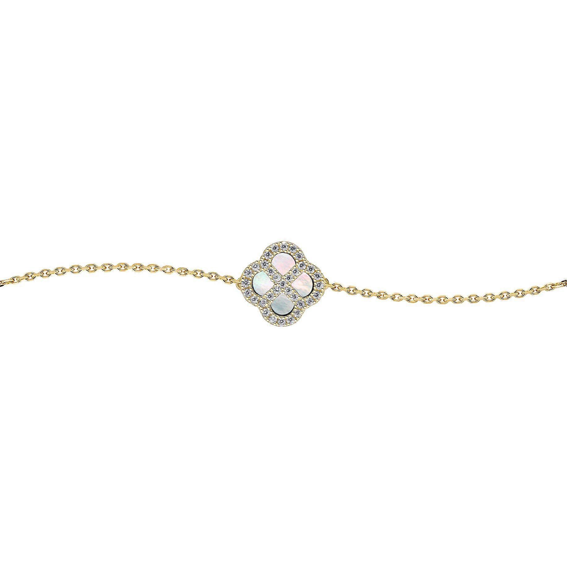 Jewelco London Gold-plated Sterling Silver CZ Mother of Pearl Clover Kiss Lucky Charm Bracelet 6-7.5"