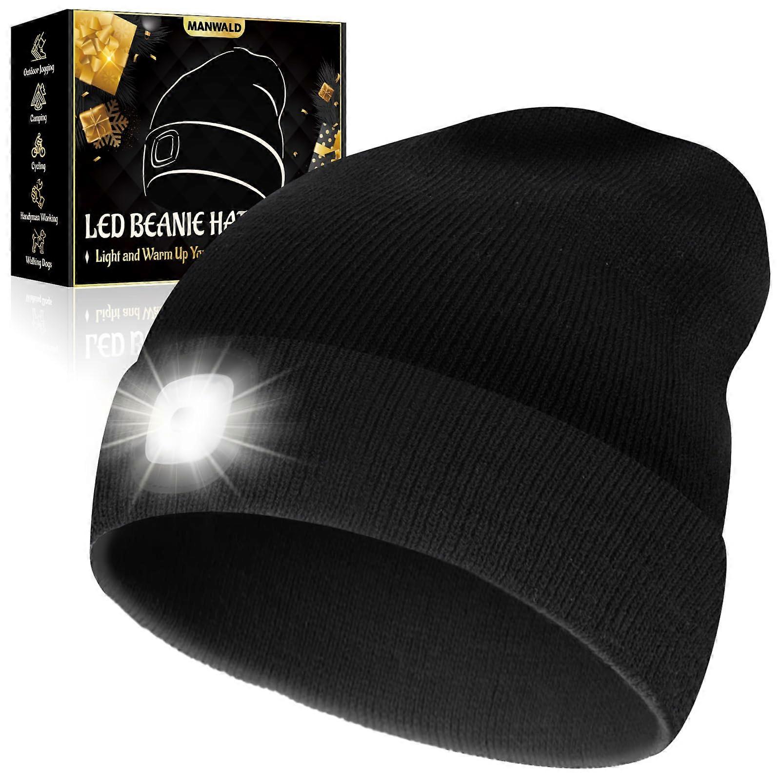 LED Beanie Hat with USB Rechargeable Headlamp, Adjustable Brightness, Warm Winter Black 1 Pack