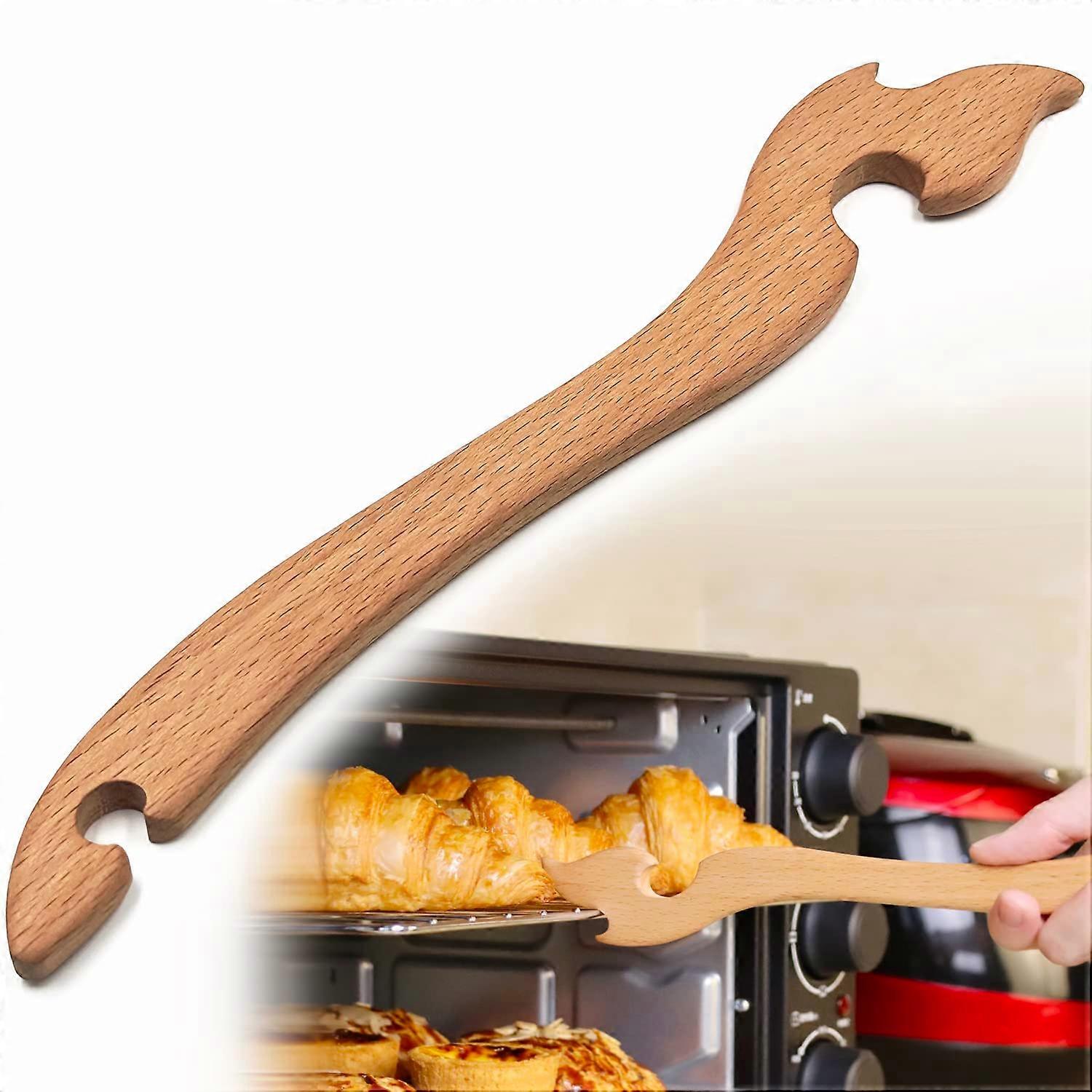Wooden Oven Rack Puller Tool with Long Handle for Burn Prevention, Toaster Oven Accessory