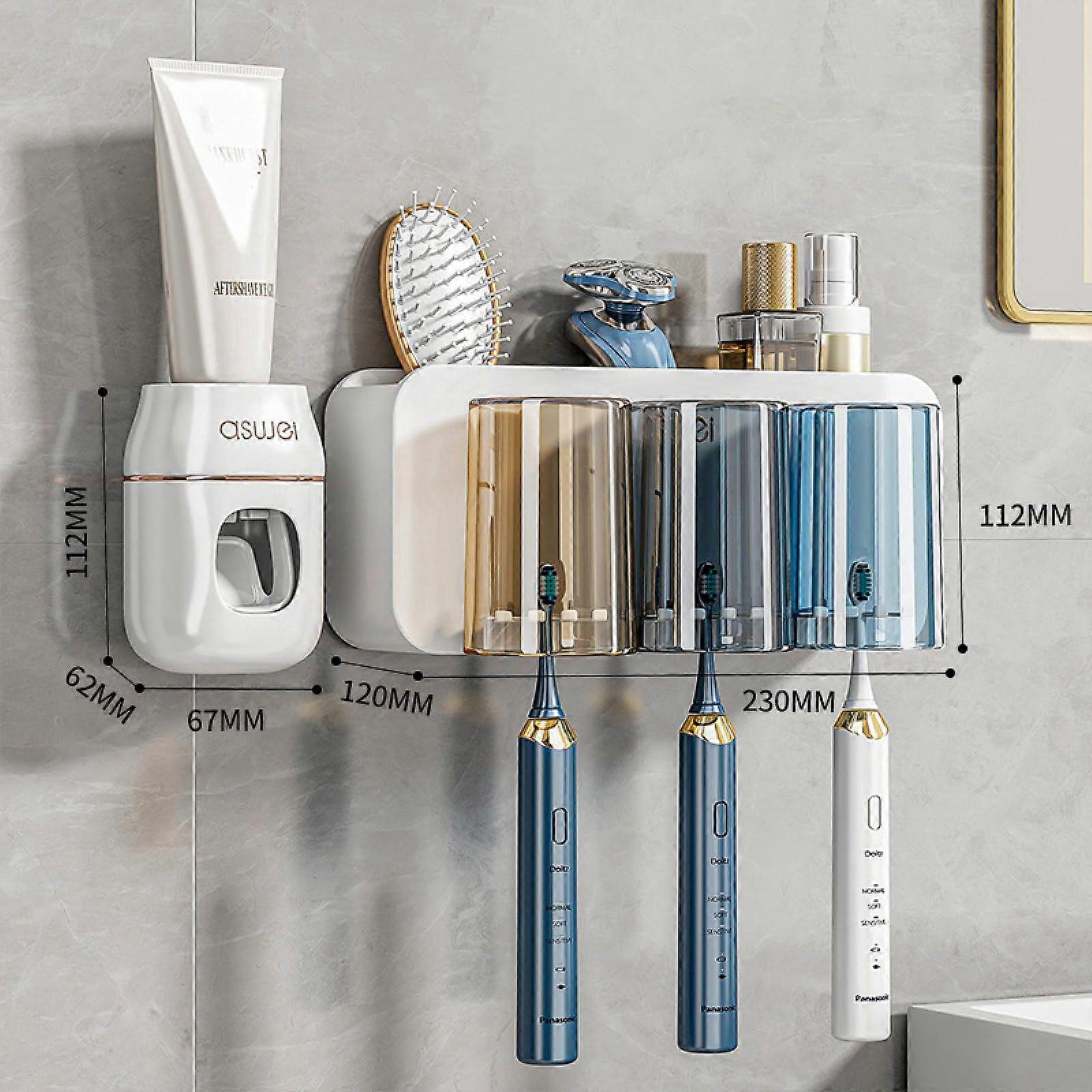 Toothbrush Holder with Cups and Toothpaste Dispenser, NoDrill Wall Mounted Organizer for Bathroom